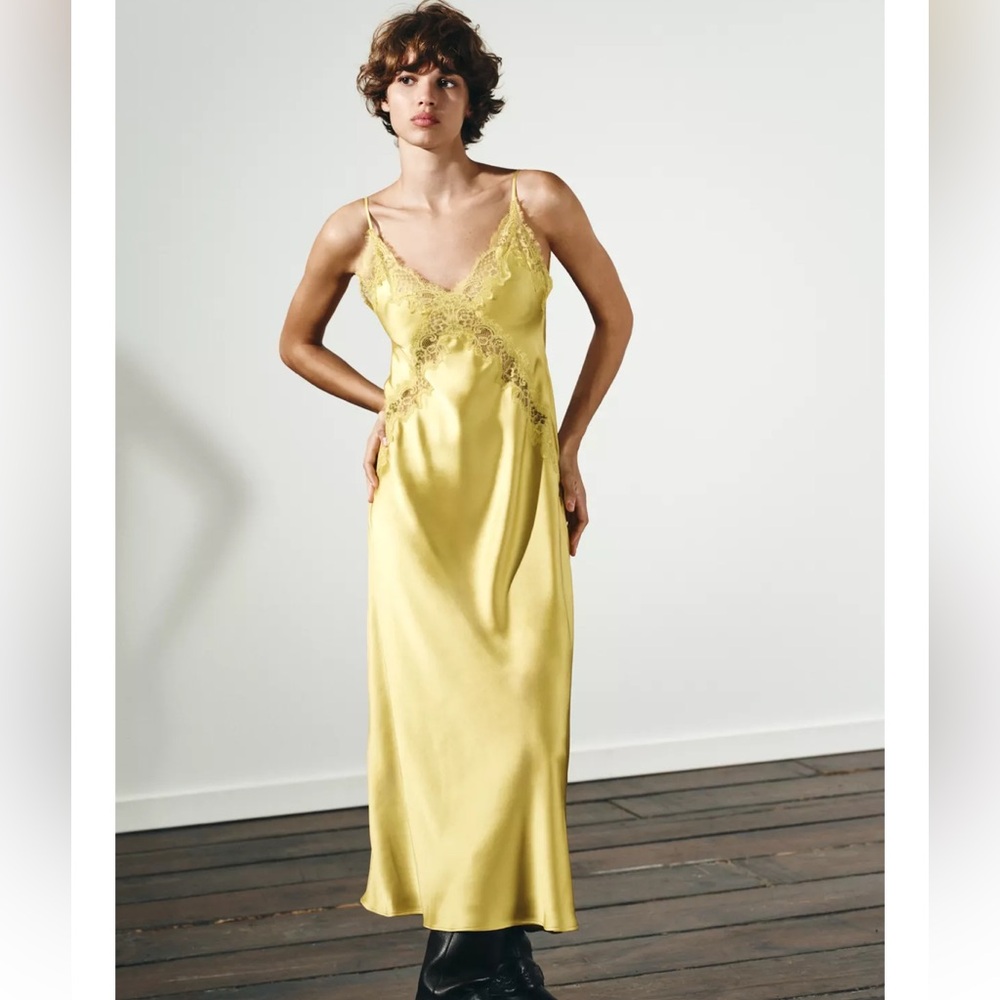 Zara NWT Grapefruit Yellow Satin Lace Slip Midi Dress 4764/203
